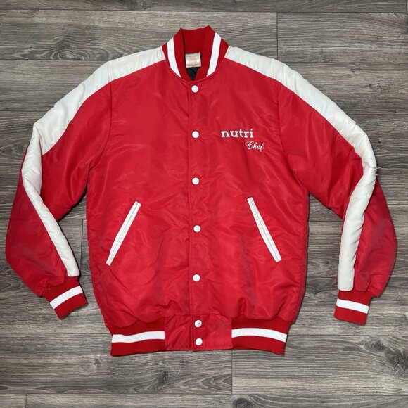 VTG CCM Bomber Jacket Mens S Red White Varsity Retro Nutri Chef Baseball 70s 80s - Picture 1 of 16